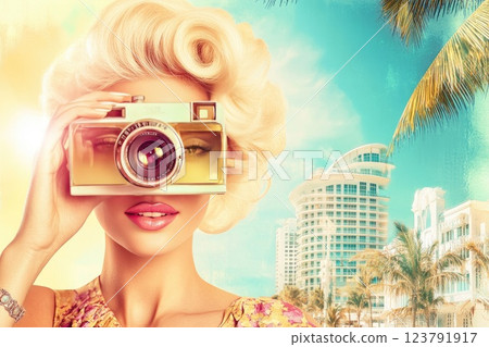 Model posing with a vintage camera against a sunny Miami Beach backdrop featuring tall buildings and palm trees 123791917