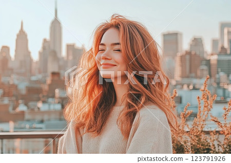 Woman enjoys the sunset on a rooftop in New York City with a skyline view and warm sunlight illuminating her hair Woman enjoys the sunset on a rooftop in New York City with a skyline view and warm sunlight illuminating her hair 123791926