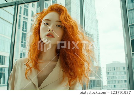 Model with vibrant orange hair poses confidently in a modern urban setting filled with glass buildings 123791927