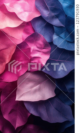 Colorful leaves arranged in a layered pattern showcasing gradients from pink to purple in a vibrant display 123791930