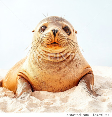 Seal basking in the sun on a sandy beach near the ocean during a clear day 123791955