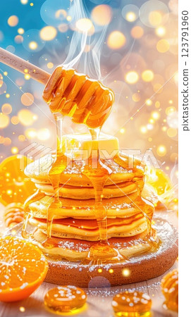 Delicious stack of pancakes drizzled with honey and topped with butter against a vibrant background 123791960