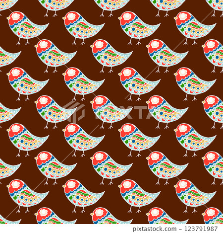 Folk bird and flower ornament. Pattern in hand draw style, created for fabrics 123791987