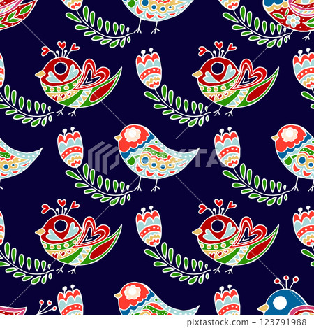 Folk bird and flower ornament. Pattern in hand draw style, created for fabrics 123791988