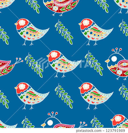 Folk bird and flower ornament. Pattern in hand draw style, created for fabrics 123791989