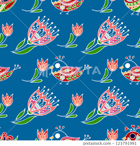 Folk bird and flower ornament. Pattern in hand draw style, created for fabrics Folk bird and flower ornament. Pattern in hand draw style, created for fabrics 123791991