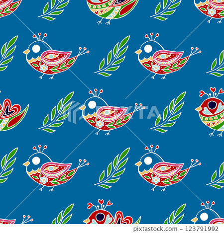 Folk bird and flower ornament. Pattern in hand draw style, created for fabrics 123791992