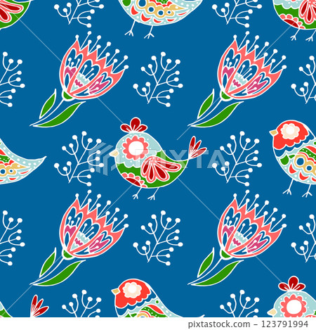Folk bird and flower ornament. Pattern in hand draw style, created for fabrics 123791994