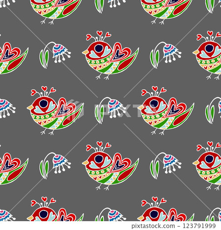 Folk bird and flower ornament. Pattern in hand draw style, created for fabrics Folk bird and flower ornament. Pattern in hand draw style, created for fabrics 123791999