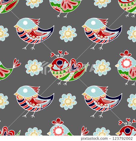 Folk bird and flower ornament. Pattern in hand draw style, created for fabrics 123792002