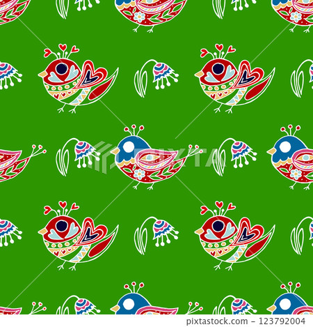Folk bird and flower ornament. Pattern in hand draw style, created for fabrics Folk bird and flower ornament. Pattern in hand draw style, created for fabrics 123792004