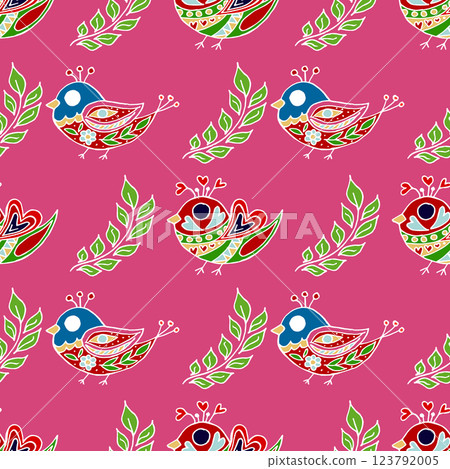 Folk bird and flower ornament. Pattern in hand draw style, created for fabrics Folk bird and flower ornament. Pattern in hand draw style, created for fabrics 123792005
