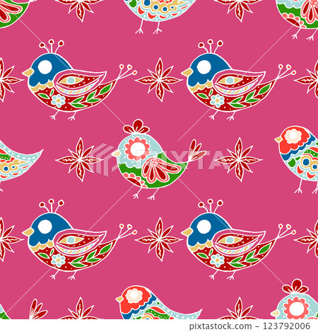Folk bird and flower ornament. Pattern in hand draw style, created for fabrics 123792006
