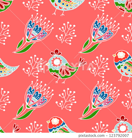 Folk bird and flower ornament. Pattern in hand draw style, created for fabrics Folk bird and flower ornament. Pattern in hand draw style, created for fabrics 123792007