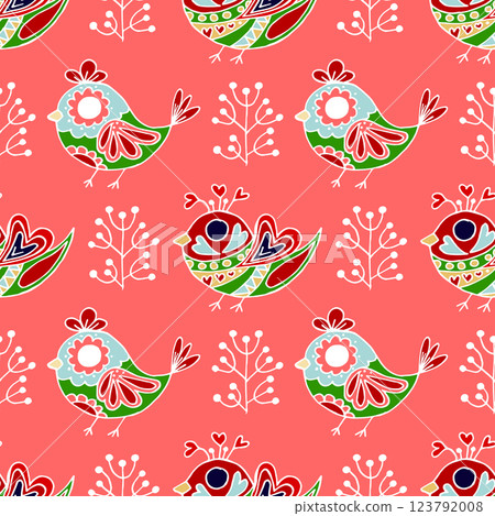 Folk bird and flower ornament. Pattern in hand draw style, created for fabrics 123792008