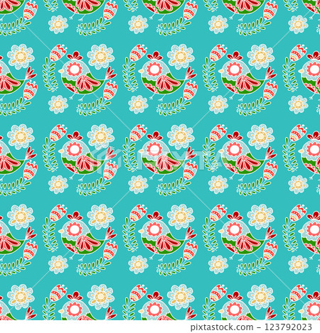 Folk bird and flower ornament. Pattern in hand draw style, created for fabrics Folk bird and flower ornament. Pattern in hand draw style, created for fabrics 123792023