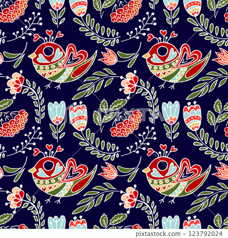 Folk bird and flower ornament. Pattern in hand draw style, created for fabrics Folk bird and flower ornament. Pattern in hand draw style, created for fabrics 123792024