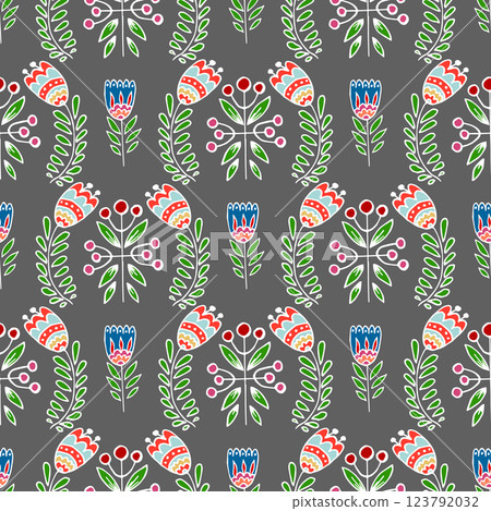 Folk bird and flower ornament. Pattern in hand draw style, created for fabrics Folk bird and flower ornament. Pattern in hand draw style, created for fabrics 123792032