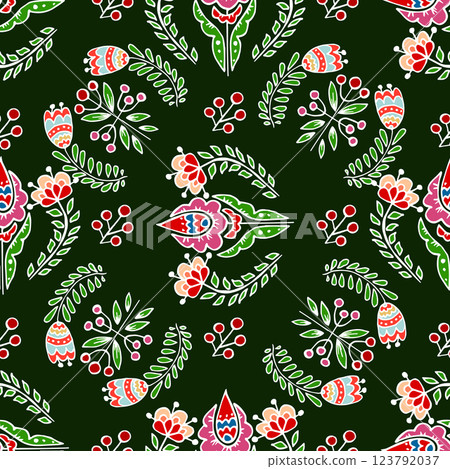 Folk bird and flower ornament. Pattern in hand draw style, created for fabrics 123792037