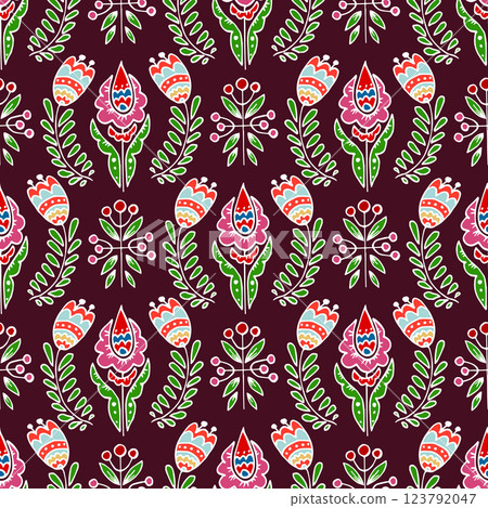 Folk bird and flower ornament. Pattern in hand draw style, created for fabrics 123792047