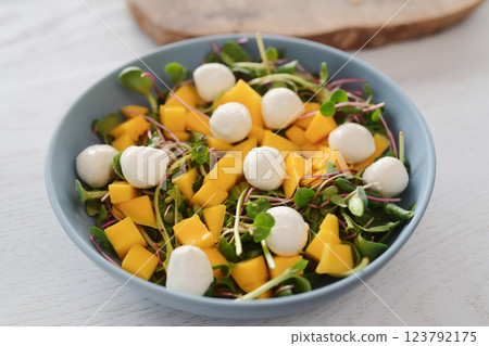 Salad with mango, mozzarella and mixed microgreens in blue bowl on white oak table Salad with mango, mozzarella and mixed microgreens in blue bowl on white oak table 123792175