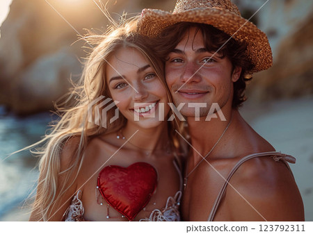 Happy young in love couple holding large red heart on romantic summer vacation.Macro.AI Generative. 123792311
