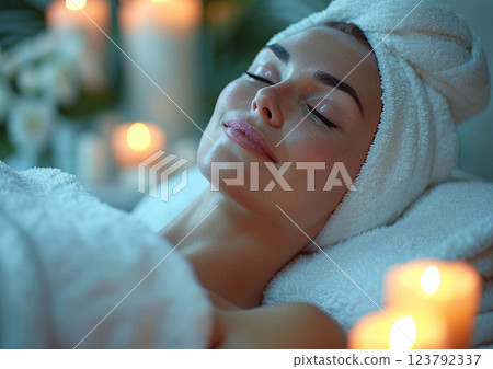 Head of beautiful woman relaxing on towel in spa centre with music and aromatheraphy.AI Generative. 123792337