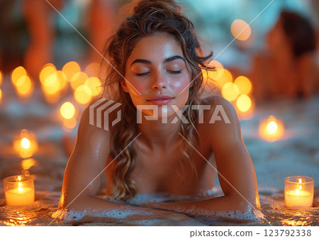Beautiful woman relaxing and enjoying night bath in luxury spa resort.Macro.AI Generative. 123792338