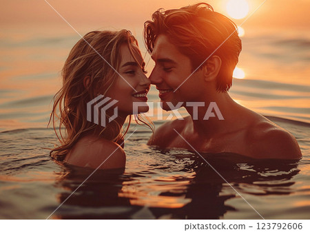 Young beautiful in love couple swimming and kissing in sea on sunset.Macro.AI Generative. 123792606