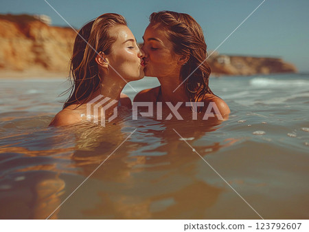 Young beautiful lesbian couple swimming and kissing in sea on romantic holiday.Macro.AI Generative. 123792607
