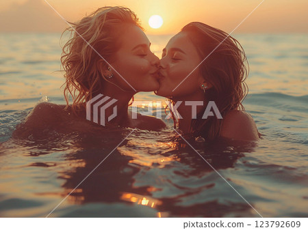 Young beautiful lesbian couple swimming and kissing in sea on romantic holiday.AI Generative. 123792609
