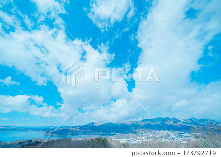 Mt. Fuji and Lake Yamanaka as seen from Myojinyama Panorama Deck Mt. Fuji and Lake Yamanaka as seen from Myojinyama Panorama Deck 123792719