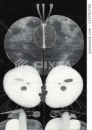 Abstract graphic symmetric art resembling fruits on the black background. Dissection revealing internal organs. AI-generated illustration Abstract graphic symmetric art resembling fruits on the black background. Dissection revealing internal organs. AI-generated illustration 123792736