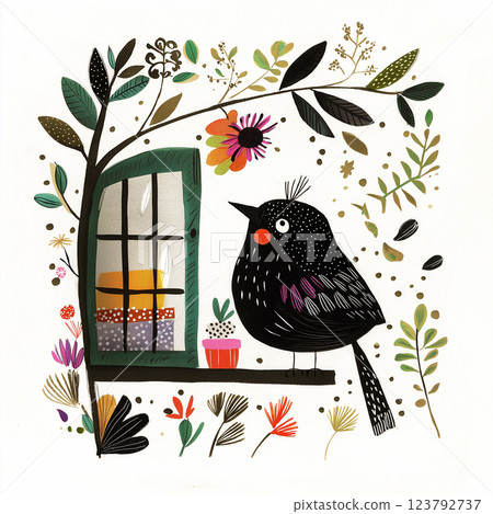A cute black bird in a spring garden peeking into the window. A curious wild bird sitting on a windowsill, looking into the bedroom. AI-generated illustration 123792737