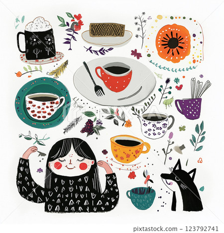 A happy girl and her cat hosting a tea party. A fun cartoon illustration of a table full of tea cups, and a joyful young woman with her dog. AI-generated 123792741