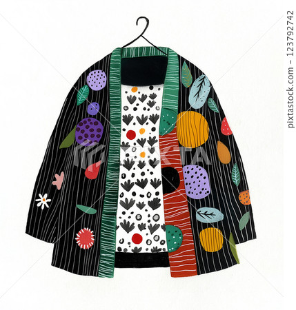 A fun, colorful coat on a hanger. A fashionable jacket decorated with patterns, isolated on white. AI-generated illustration 123792742