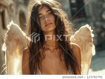 Portrait of young attractive woman fashion model angel with wings in sunlight.Macro.AI Generative. 123792793