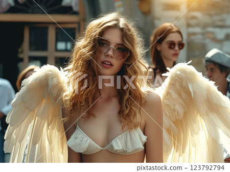 Young beautiful woman as angel with wings walking through italian summer street.Macro.AI Generative. 123792794