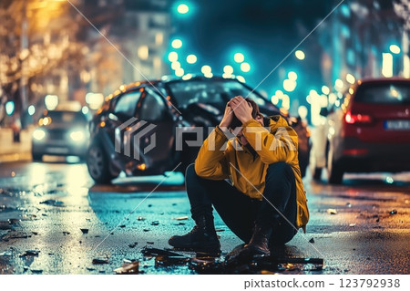 A desperate man sits on the side of the road after a car accident. The concept of distress, trauma, and the emotional impact of unexpected tragedies. Generative AI. 123792938