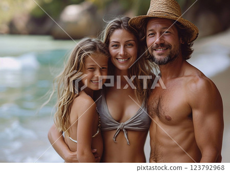 Happy family on the beach on summer tropical vacation resort.Macro.AI Generative. 123792968