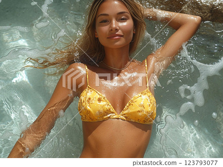 Beautiful young woman laying in blue ocean water on her tropical vacation resort.AI Generative. Beautiful young woman laying in blue ocean water on her tropical vacation resort.AI Generative. 123793077