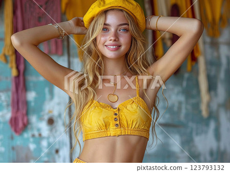 Happy beautiful young woman wearing yellow bikini and hat on tropical vacation resort.AI Generative. 123793132