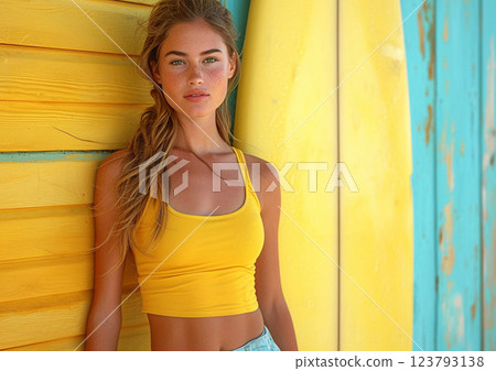 Young beautiful woman wearing yellow top and standing in surf centre on wild.AI Generative. 123793138
