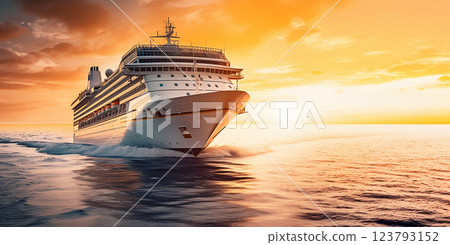 Large cruise ship vayaging on calm water on summer evening with sunset.Macro.AI Generative. 123793152