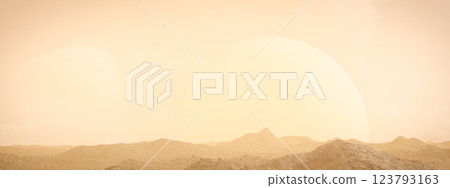 Sunset over rocky desert alien landscape with glowing sun in background, creating warm orange hues and soft shadows on rugged terrain, serene tranquil scene 123793163