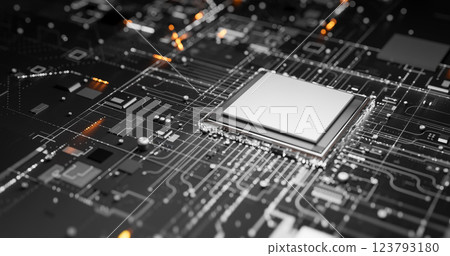 Computer chip mockup on circuit board with glowing lights, electronic components, intricate pathways, representing technology, hardware, and digital innovation 123793180