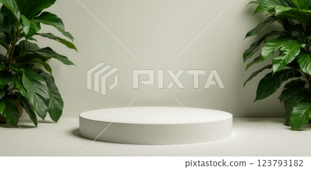 White round podium with tall green plants in modern studio for minimalist product display and promotional White round podium with tall green plants in modern studio for minimalist product display and promotional 123793182