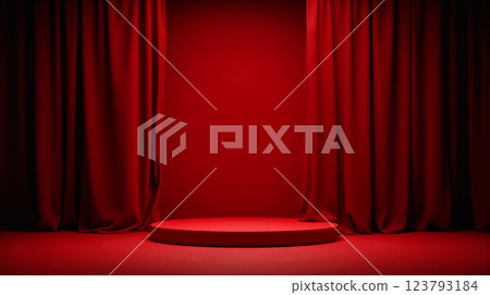 Red circular stage with luxurious curtains, vibrant lighting, dramatic ambiance, stylish design, perfect for elegant product presentation or event photography. 123793184