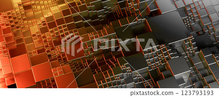 Abstract 3D rendering of metallic cubes arranged in futuristic geometric pattern with glowing orange and yellow lights. smooth surfaces creating digital cyber technology atmosphere 123793193