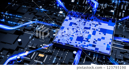 Powerful AI processor on futuristic circuit board, advanced microchip technology, digital background, innovation in artificial intelligence, electronic hardware, 3d rendering 123793198